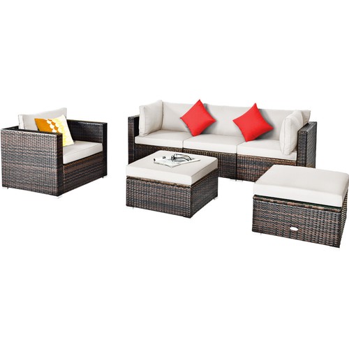 6PCS Patio Rattan Furniture Set Cushion Sofa Coffee Table Ottoman White - Picture 11 of 12