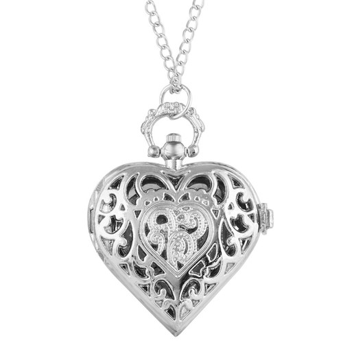 Women Girl Hollow Heart-Shape Pocket Watch with Necklace Chain Pendant Gifts - Picture 2 of 16