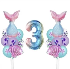 MERMAID Balloons 3rd Birthday Party Decorations Age 3 Boys Girls 17 Pieces