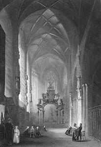 BELGIUM-Brussels-Interior-of-St-Gudule-Church-Vintage-Antique-Print