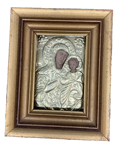 5" x 4" Antique Framed Virgin & Child Icon W/Gilded Brass Oklad (Riza)