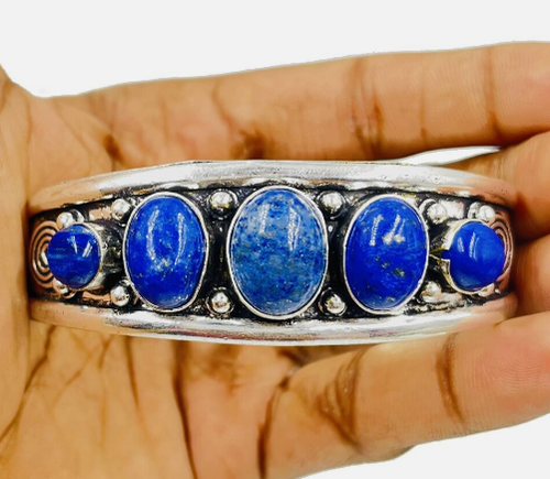 925 Sterling Silver Blue Lapis Lazuli Gemstone Handmade Jewelry Cuff Bracelet - Picture 6 of 7