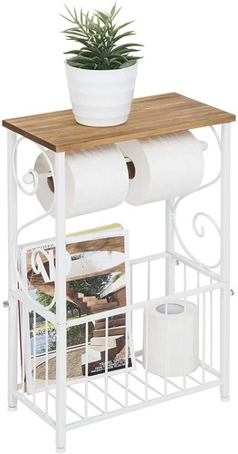 Bathroom Storage Table Scroll Design Brown Wood - White Metal Paper Magazine - Picture 6 of 8