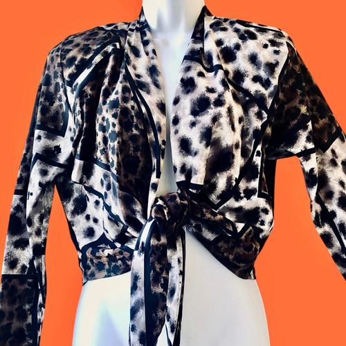 SEDA PURA Vintage Años 80 Frente Abierto Corbata Cintura Top Chaqueta Estampado Animal Mujer 10 - Imagen 1 de 10