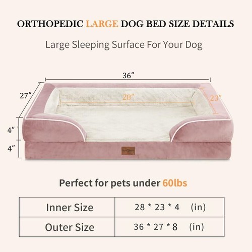 S/M/L/XL/XXL Orthopedic Foam Pink Dog Bed - Removable Cover & 3+1/2Side Bolsters - Picture 6 of 24