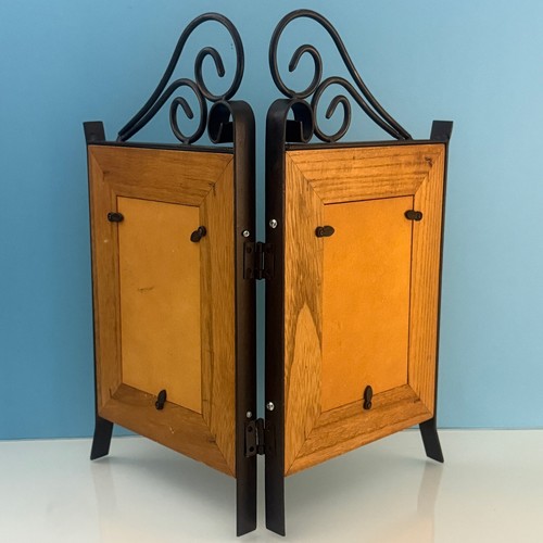Vintage Double Photo Frame - Oak Wood with Black Metal Stand, Fits 3.5" x 5.5" - Picture 7 of 10