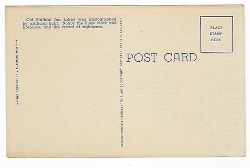 Postal vintage ""Old Faithfull Inn vestíbulo, parque nacional de Yellowstone - Imagen 2 de 2