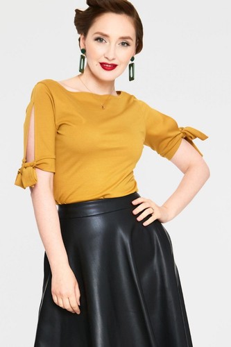 Vintage Style Benny Mustard Retro Cowl Neck Curve Top with Tie Sleeves - Picture 2 of 5