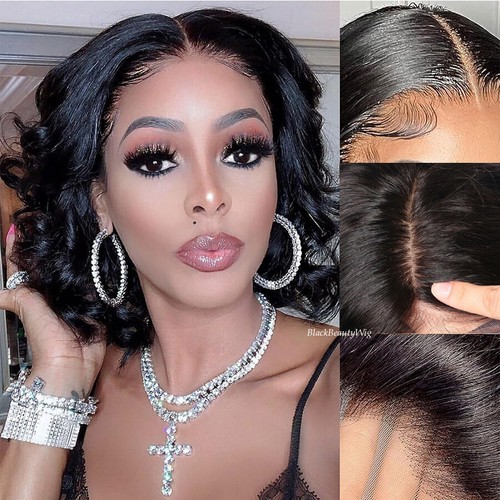5x4.5 Silk Top Full Lace Human Hair Wig Pre Plucked Short Wavy Silk Base Wigs - Picture 6 of 12