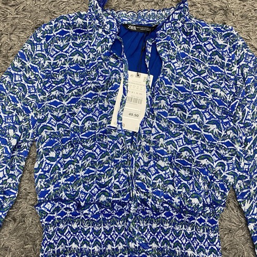 ZARA Midi Shirt Kleid Damen XS blau weiß grün Muster sexy vorne offen L/S - Bild 8 von 24