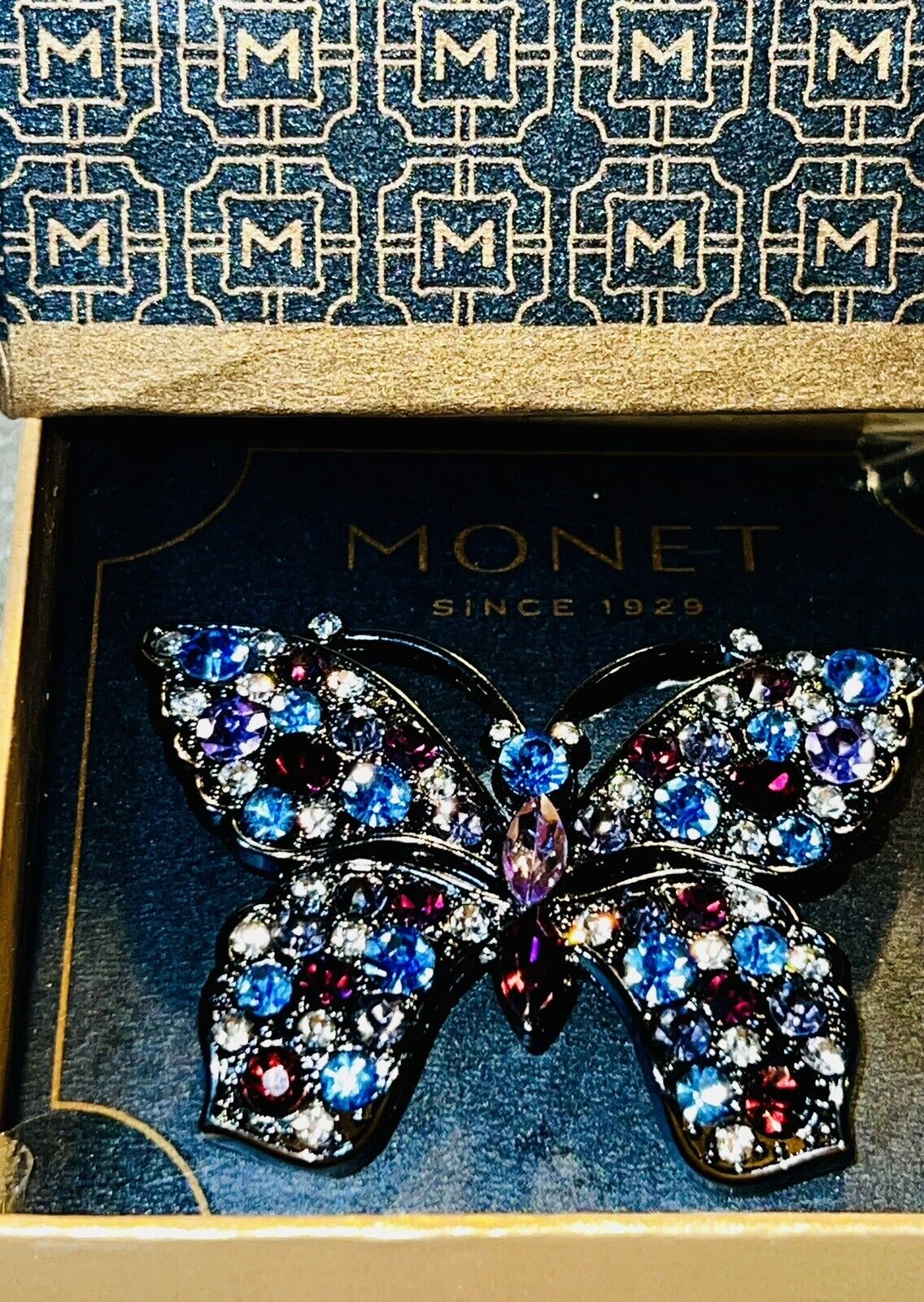 MONET Signed Butterfly Brooch 2.25” Blue Purple P… - image 1