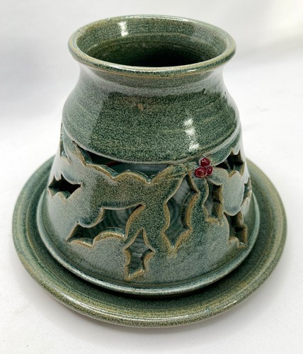 Moss Green Studio Art Pottery Holly Leaf Cut Outs Jar Hood & Plate~Artist Signed - Picture 10 of 11