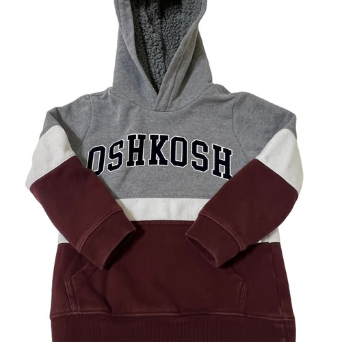 Oshkosh B'gosh Boy Size 7 Fleece Hoodie Pullover Logo Pockets Gray White Maroon - Picture 4 of 6