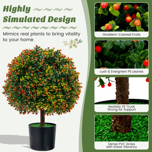 22" Artificial Boxwood Topiary Ball Tree 2-Pack Faux Potted Plant w/Orange Fruit - Picture 9 of 10