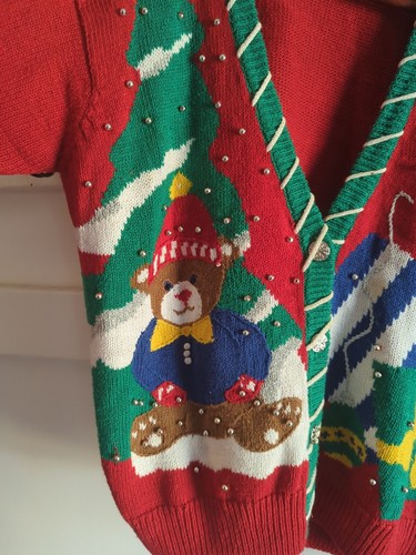 Vintage Lauren Gayle Petite Damen L rot Weihnachts Strickjacke mit Teddybär - Bild 3 von 8