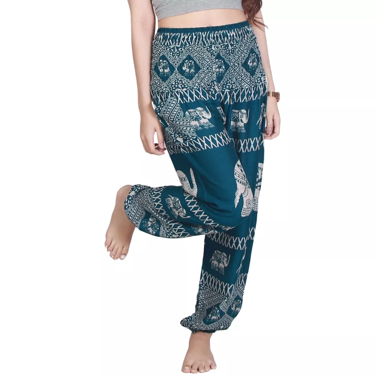 Women''s Rayon Print Smocked Waist Boho Pant Harem Yoga Hippie