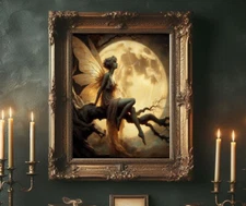 Fairy with moon Dark Acadamia Fantasy Vintage 18th century painting print Art