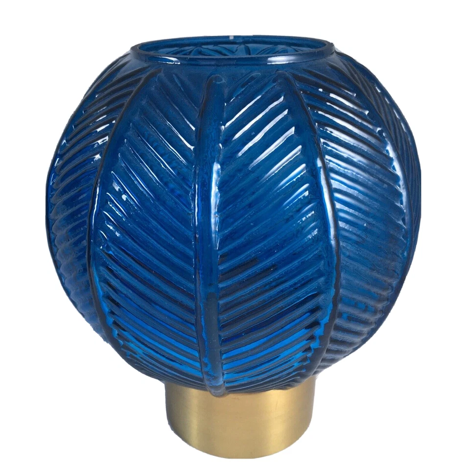 Vintage 2 Large Blue Palm Leaf Regency Style Glass Lantern Votive Holders 7" - Image 3 of 4