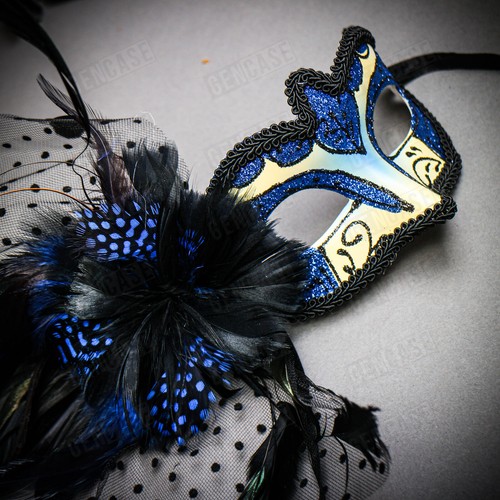 Máscara Pareja Bola Pluma Negra Pavo Real Brillo Guerrero Negro Veneciano y AZUL - Imagen 4 de 5