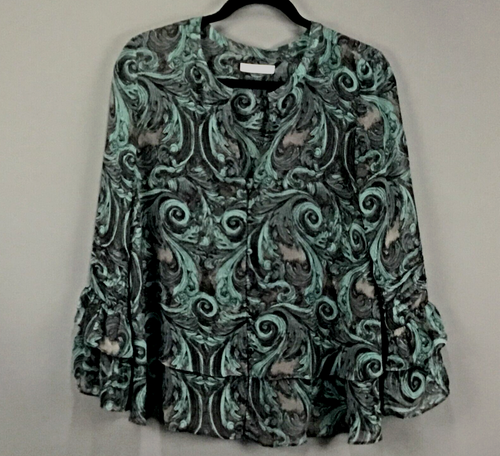 Scharnier Bluse Damen mittelgrün Print transparent Lagenlook Glockenärmel Knopf elegant
