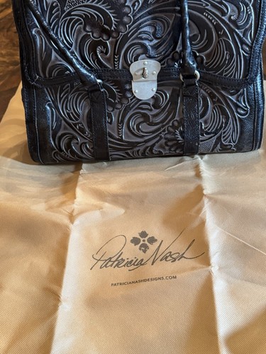 Patricia Nash Vienna Black Floral Tooled Leather Satchel w Dust Cover Bag Purse - Picture 9 of 13