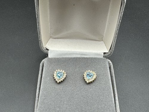 Vintage Blue Aquamarine? Glass? Clear Rhinestone Heart Stud Earrings New In Box - Picture 15 of 19