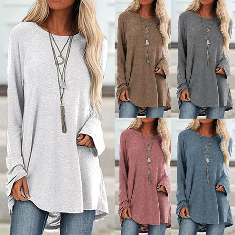 Women Long Sleeve Plain T Shirt Ladies Loose Baggy Casual Tops Tunic Blouse  Tee