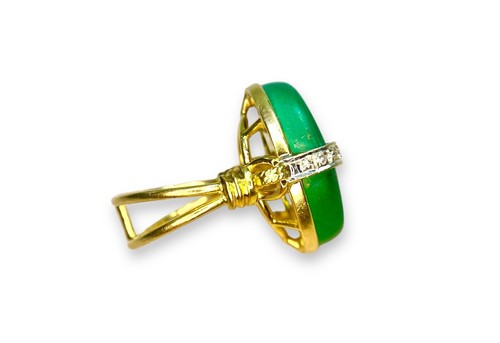 Vintage 14k Yellow Gold Natural Malachite Round Diamond Oval Cocktail Ring - Picture 4 of 7
