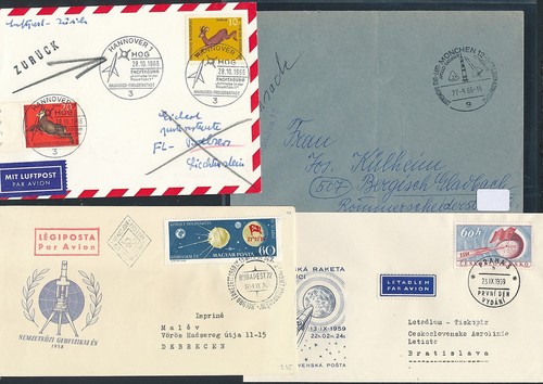 01321) Weltraum space Raketen, 4 diff. cds / covers / FDC, years 195x - 196x