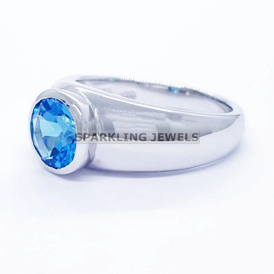 AAA+ Topacio azul corte redondo con anillo de plata de ley 925 para hombre #255 Foto 4 de 4