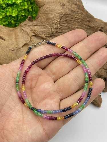 AAAA Quality Natural Roundel Faceted 3-4 mm Multi Saphire 16”Inch Long Necklace - Picture 3 of 7