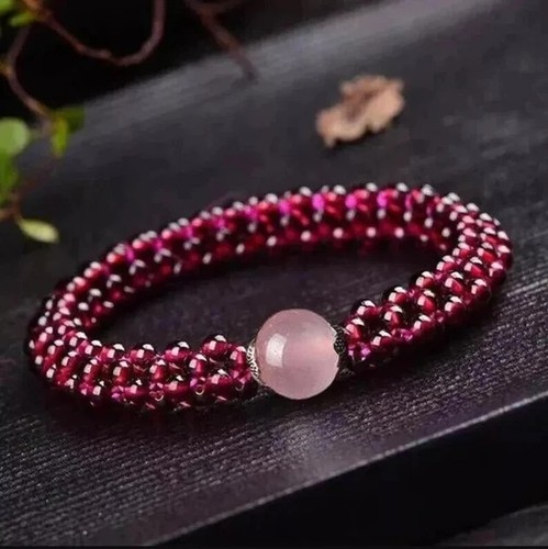 Red Berry Garnet Braided Rose Quartz Beaded Healing Chakra Stretch Bracelet - Picture 2 of 10