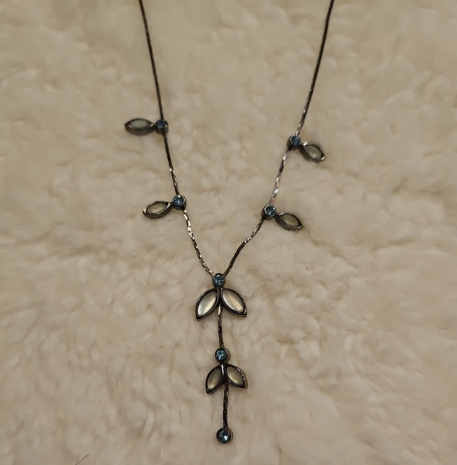 VTG Lia Sophia Necklace Y Drop Blue Rhinestone Flowers with Frosted Pale Leaves - Image 2 of 4