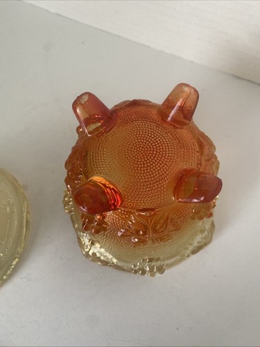 VTG Amberina Carnival Glass Candy Bowl w Lid Orange Yellow Grape Jeanette Feet - Picture 9 of 17