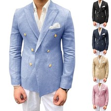 Men Jackets Linen Double Breasted Groom Patch Pocket Slim Fit Peak Lapel Summer