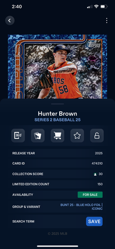 DIGITAL Topps Bunt Serie 2 Béisbol 25 Cazador Marrón Azul Holo Lámina 150cc - Imagen 2 de 2