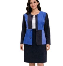 Vintage LESLIE FAY Size 8 Blue Colorblock 2pc Micro Suede Skirt Suit Collarless
