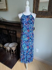 NEW Nine West Size 6 Blue Mesh Halter Neck Stretch Trumpet Maxi Party Dress 