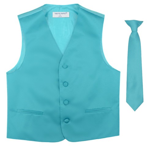 BOY'S Dress Vest & NeckTie Solid TURQUOISE AQUA BLUE Color Neck Tie Set for Suit - Picture 2 of 3
