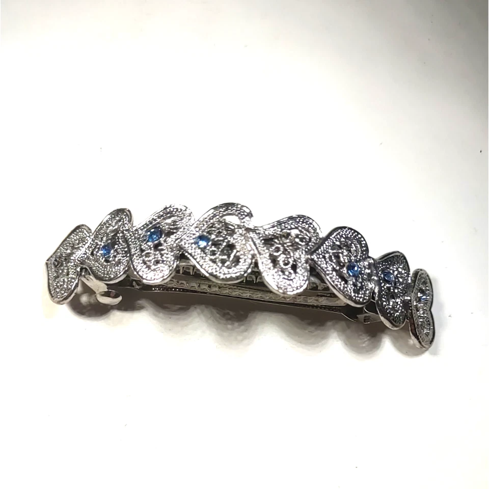 Hair Barrette Tension Clip Silver Tone Hearts Blue Purple Rhinestone 4" Long - Image 2 of 4