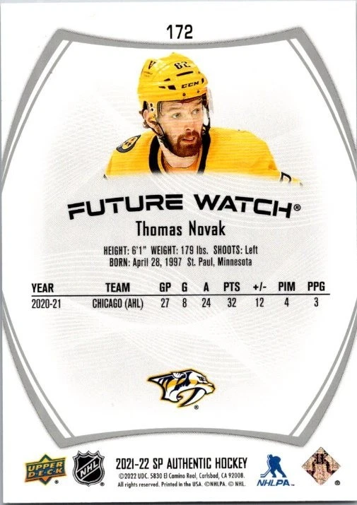 2021-22 SP Authentic Future Watch RC /999 172 Thomas Novak Nashville Predators - Image 2 of 2