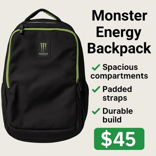 Monster Energy Backpack – Black & Green – Excellent Condition