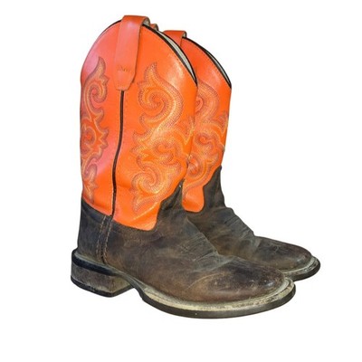 Old West Youth 13 Brown Orange Square Toe Western Boots Cowboy Kids Boys Rodeo