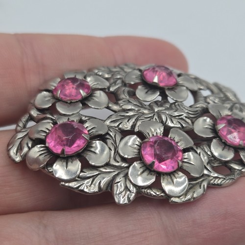 Vintage Brooch Victorian C Clasp Pink Rhinestone Reppouse Floral Large Antique - Picture 2 of 6