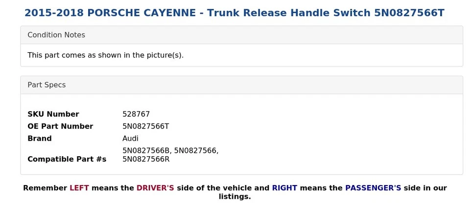 Interruptor de manija de liberación de maletero 2015-2018 Porsche Cayenne 5N0827566T Foto 4 de 4