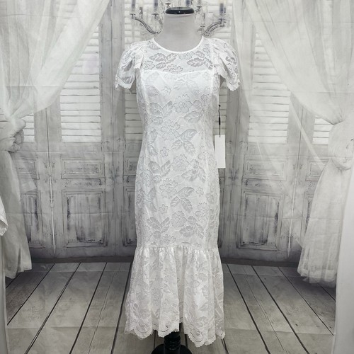 Calvin Klein Size 10 White Hi-lo Hem Lined Flutter Sleeve Midi Mermaid Dress B25 - Picture 3 of 10