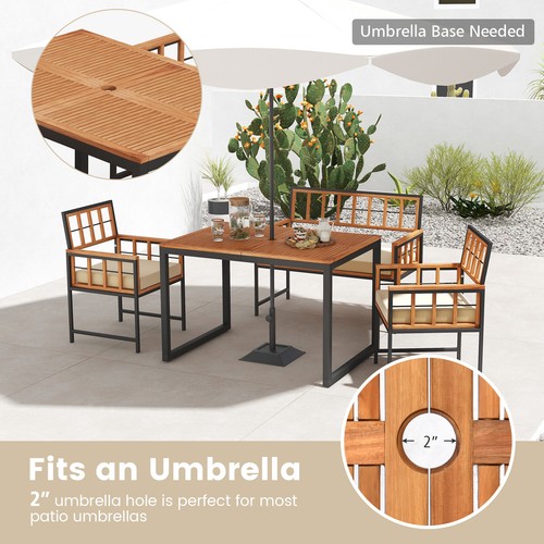 4 Pieces Outdoor Acacia Wood Table and Chairs with 1.96" Umbrella Hole, Cushions - Picture 8 of 9