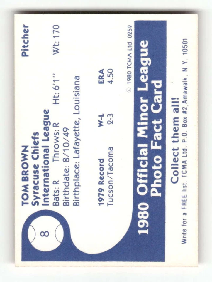 1980 TCMA Syracuse Chiefs 8 Tom Brown BXCP21 - Image 2 of 2
