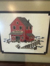 Vintage Crosstitch Cape Cod shrimper picture signed and framed artwork
