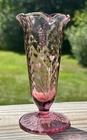 Fenton Plum Amethyst Purple Diamond Optic Hand Painted Signed Glass Vase 5 1/2”